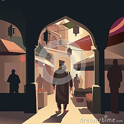 Travel to unusual places, oriental bazaar, walk in morocco Vector Illustration