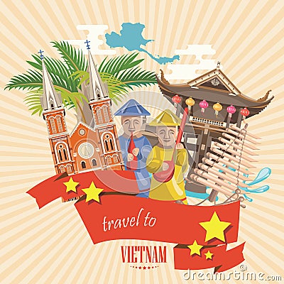Travel to Vietnam card with pagoda, temple and yellow stars Vector Illustration