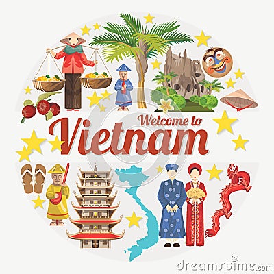 Travel to Vietnam card with vietnamese ethnic icons Vector Illustration