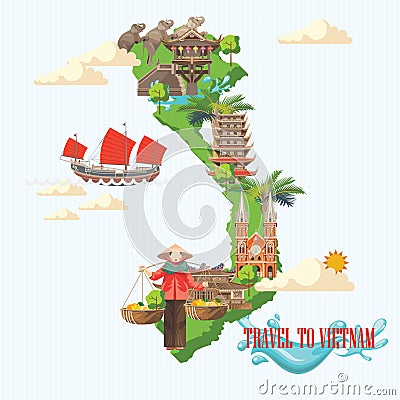 Travel to Vietnam poster with green Vietnamese map Vector Illustration