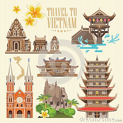 Travel to Vietnam set on light background Vector Illustration