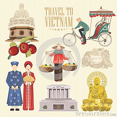 Travel to Vietnam. Set of traditional Vietnamese cultural symbols. Vector Illustration