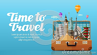 Travel to world. open suitcase with landmarks, vector illustration Vector Illustration