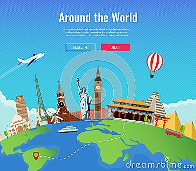 Travel to World. Road trip. Tourism. Landmarks on the globe. Concept website template. Vector Cartoon Illustration