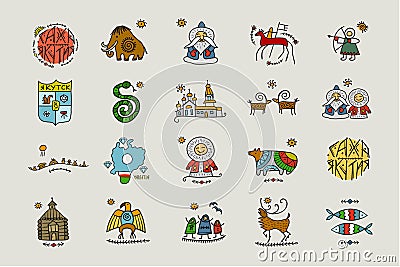 Travel to Yakutia, Russia. Icons Set with yakutian signs for your design Vector Illustration