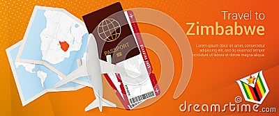 Travel to Zimbabwe pop-under banner. Trip banner with passport, tickets, airplane, boarding pass, map and flag of Zimbabwe Vector Illustration