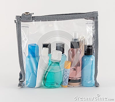 Travel Toiletries in Clear Plastic Bag Stock Photo