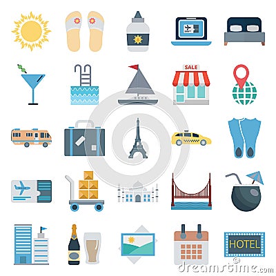 Travel and Tour Color Vector Isolated Icons Consists with sun, flip flop, ladder, shop, taxi, Calendar, bus, fins, diving, ale, d Vector Illustration