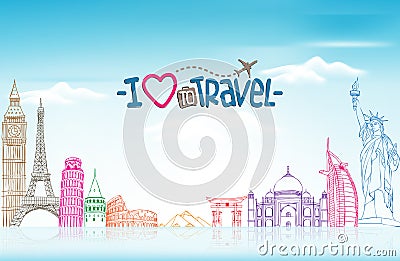 Travel and Tourism Background with Famous World Landmarks Vector Illustration