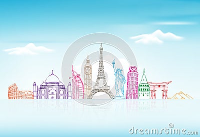 Travel and Tourism Background with Famous World Landmarks Vector Illustration