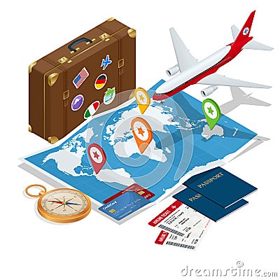 Travel and tourism background. Flat 3d Vector illustration. To travel is to live Bag, passport, tickets and Passenger Vector Illustration