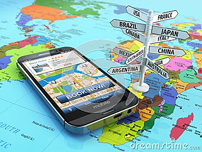 Travel and tourism concept. Booking hotel by smartphone and destination signboard. Stock Photo