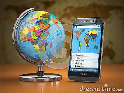 Travel and tourism concept. Mobile phone and globe. Stock Photo