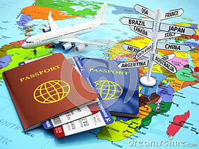 Travel or tourism concept. Passport, airplane, airtickets and de Stock Photo