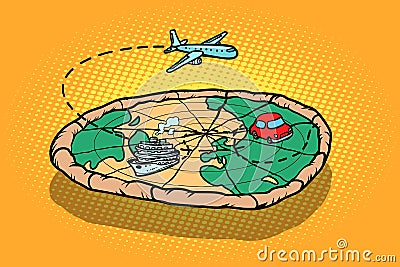 Travel tourism concept, pizza planet earth and transport Vector Illustration