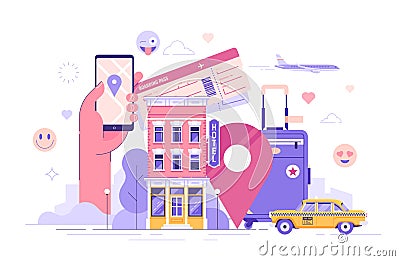 Travel and tourism concept. Summer vacation and air trip banner. Booking hotel. Colorful flat vector illustration Vector Illustration