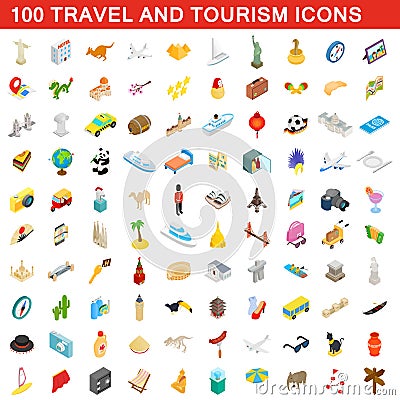 100 travel and tourism icons set, isometric style Vector Illustration