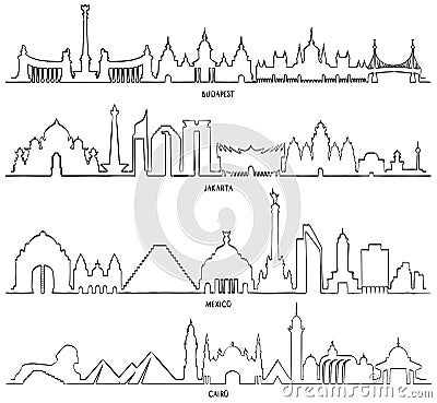 Travel and tourism line illustration. Mexico, Budapest, Jakarta Cartoon Illustration