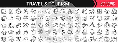 Travel and tourism linear icons in black. Big UI icons collection in a flat design. Thin outline signs pack. Big set of icons for Vector Illustration