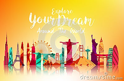 Travel and tourism on orange skyline background Vector Illustration