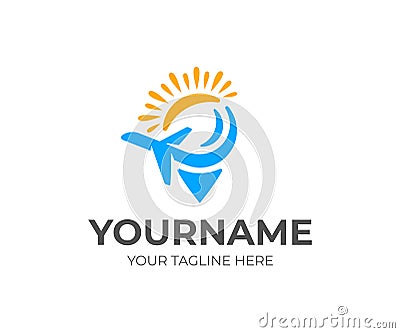 Travel and tourism, pin or location, airplane or plane and sun, logo design. Traveling, point, pointer, marker and position, vecto Vector Illustration