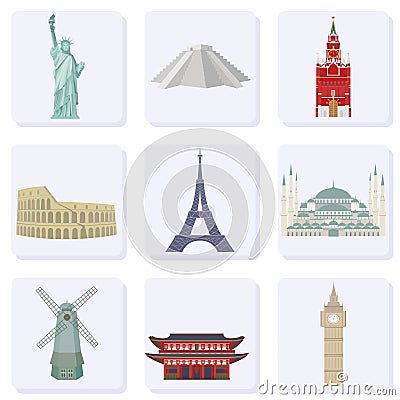 Travel and tourism.A set of colored icons depicting the world`s architectural landmarks. Vector. Vector Illustration
