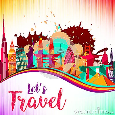 Travel and tourism on skyline background splash paint violet and yellow, red, beautiful colorful architecture Vector Illustration