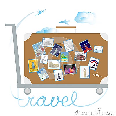 Travel and tourism. Stickers on the suitcase. Vector Illustration