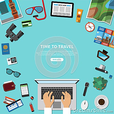Travel, tourism, summer vacation planning, discover the world, journey in holidays concept in flat style. Top view Vector Illustration