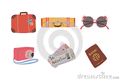 Travel and Tourism Symbols with Suitcase, Sunglasses, Camera, Tickets and Passport Vector Set Stock Photo