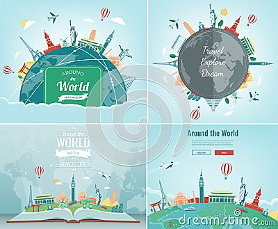 Travel and Tourism template with famous landmarks and travel stuff. Vector Vector Illustration