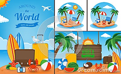 Travel and Tourism template with famous landmarks and travel stuff. Vector Vector Illustration