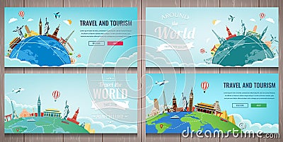 Travel and Tourism template with famous landmarks and travel stuff. Vector Vector Illustration