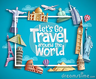 Travel and tourism vector banner design with boarder frame, travel text and famous landmarks and tourist destination elements Vector Illustration