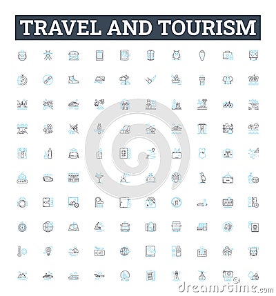 Travel and tourism vector line icons set. Voyage, Trip, Adventure, Tour, Excursion, Sightseeing, Jaunt illustration Vector Illustration