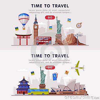 Travel or Tourism Website Landing Page with City Landmarks Vector Template Set Vector Illustration