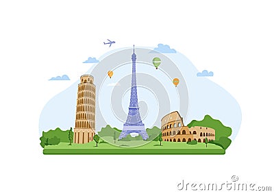 Travel, tourist attractions, Europe, Eiffel Tower, leaning Tower of Pisa, Colosseum. Flat style Vector Illustration