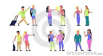 Travel tourist vector people flat illustration. Character vacation journey set. Couple trip icon adventure with backpack, phone. Vector Illustration