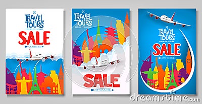 Travel and Tours Sale Promotional Posters Template Set with Colorful World Famous Landmark Icons Vector Illustration