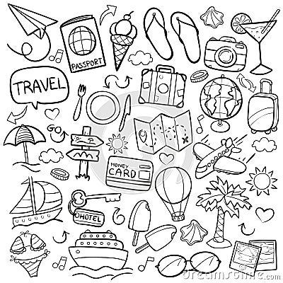 Travel Traditional Doodle Icons Sketch Hand Made Design Vector Vector Illustration