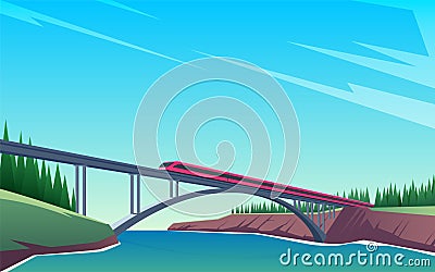 Travel by train concept. Train rides over the bridge Stock Photo