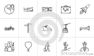 Travel and transport hand drawn outline doodle icon set. Vector Illustration