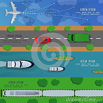 Travel and transportation horizontal banners with ship car, plane train top view vector illustration Vector Illustration