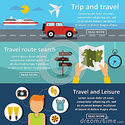 Travel trip banner horizontal set, flat style Vector Illustration