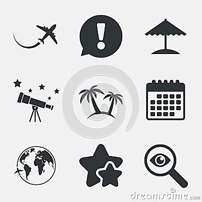 Travel trip icon. Airplane, world globe symbols. Vector Illustration