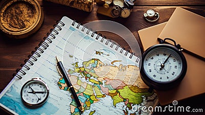 Travel, trip vacation, tourism mockup - close up of compass, glass of water note pad, pen and toy airplane, and touristic map on Stock Photo
