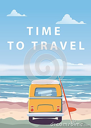 Travel, trip vector illustration. Ocean, sea, seascape. Surfing van, bus on beach. Summer holidays. Ocean background on Vector Illustration