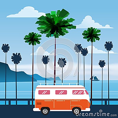 Travel, trip vector illustration. Sunset, ocean, sea, seascape. Surfing van, bus on road palm beach. Summer holidays Vector Illustration