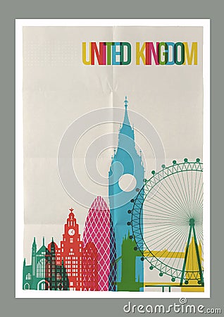 Travel United Kingdom landmarks skyline vintage poster Vector Illustration