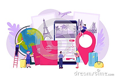 Travel vacation booking, flat journey trip vector illustration. Online tourism service, people reserve flight ticket for Vector Illustration